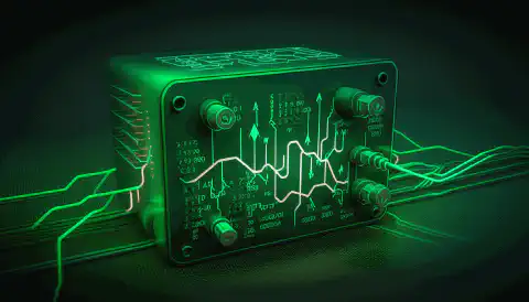 un circuit imprimé vert en forme de boîte avec des symboles de connectivité Internet sous forme de fils connectés.