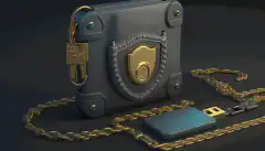 Portefeuille matériel entouré d'un cadenas et d'une chaîne, symbolisant la sécurité du stockage des crypto-monnaies dans un portefeuille matériel.