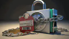 Un cadenas avec une chaîne enroulée autour d'un rapport de score de crédit, symbolisant la protection et la sécurité que le gel de votre crédit apporte contre le vol d'identité et la fraude