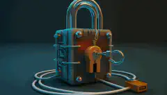 Un cadenas et une clé posés sur un câble de réseau, représentant symboliquement la sécurité zéro confiance.