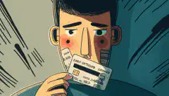 Une personne tenant une carte de crédit dans une main et un cadenas dans l'autre, avec un regard inquiet, comme si elle s'inquiétait de la sécurité de ses informations personnelles.