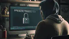 Une personne tenant un cadenas devant un écran d'ordinateur affichant un message indiquant Protégé