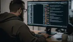 Une personne assise devant un ordinateur, tapant du code dans une interface de ligne de commande avec des lignes de texte défilant à l'écran. 