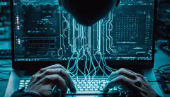 Une personne tapant sur un clavier sur fond de serveurs informatiques et de câbles de réseau, représentant l'utilisation de PowerShell pour les opérations de cybersécurité et la conformité.