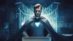Un professionnel vêtu d'une cape de super-héros, debout devant un écran d'ordinateur avec un bouclier représentant la cybersécurité.