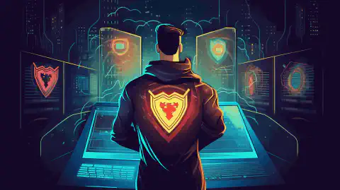 Un professionnel portant une cape de super-héros, avec un bouclier représentant la cybersécurité, se tenant avec assurance devant un réseau informatique.