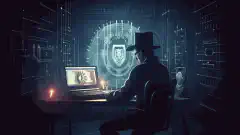 Image symbolique représentant un pirate informatique portant un chapeau noir et tapant sur un ordinateur, tandis qu'un bouclier avec un cadenas protège un réseau à l'arrière-plan.