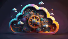 Illustration animée en 3D d'un nuage avec des engrenages à l'intérieur, représentant un environnement de nuage hybride, illustrant la gestion efficace et automatisée de l'infrastructure de nuage.