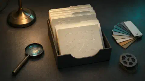 Cartes d'instructions ivoire dans un plateau près d'une loupe, d'échantillons de couleurs et d'une petite bobine de film sur un bureau sombre