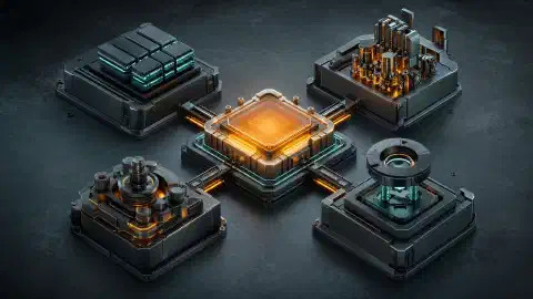 Composants métalliques modulaires reliés à un processeur central lumineux par des chemins turquoise et orange sur une surface de travail sombre