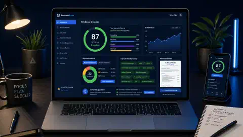 Un ordinateur portable moderne sur un bureau affichant une interface colorée d'optimisation de CV avec des graphiques, sur un fond bleu marine profond.