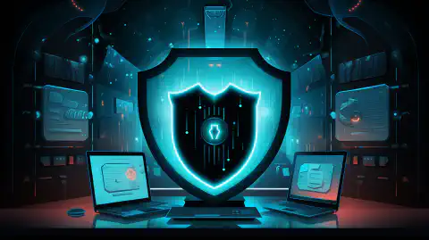 Illustration animée représentant un bouclier protégeant un système informatique de diverses cybermenaces.
