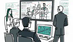 Une image animée d'un groupe d'employés réunis autour d'un ordinateur ou d'un expert en sécurité expliquant des concepts de cybersécurité sur un tableau blanc.