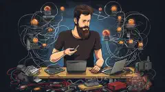 Une illustration engageante de style dessin animé montrant un professionnel réseau utilisant avec confiance divers outils et commandes pour dépanner un réseau.