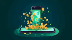 Illustration d'un smartphone d'où s'écoule de l'argent, représentant le concept de récompenses obtenues en partageant des ressources internet via l'application Earn.