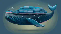 Image d'un cargo en forme de baleine bleue transportant plusieurs conteneurs Docker