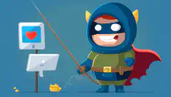 Image d'un personnage de dessin animé portant un costume de super-héros et un bouclier, bloquant une canne à pêche sur laquelle figure un courriel de phishing.