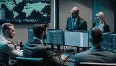 Image d'un groupe de professionnels de la cybersécurité dans une salle de réunion, travaillant ensemble pour garantir la sécurité des systèmes et des données de leur organisation.