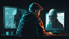 L'image d'une personne assise devant un ordinateur, l'air inquiet, tandis qu'un pirate informatique ou un cybercriminel apparaît à l'écran, représente les dangers des cybermenaces et l'importance de la cybersécurité