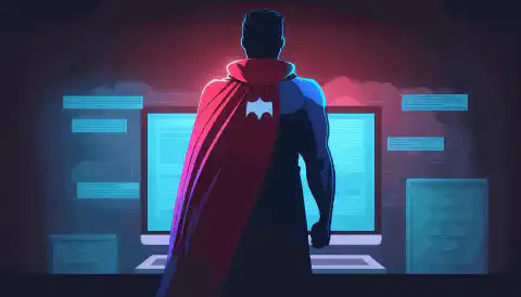 L'image d'une personne debout devant un ordinateur, avec une cape de super-héros sur le dos, symbolise les compétences et les connaissances que l'on peut acquérir en obtenant des certifications en cybersécurité.