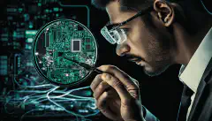 Image d'un professionnel de la sécurité examinant le fonctionnement interne d'un appareil IoT, avec divers composants matériels et circuits imprimés visibles. 