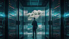 Image d'une salle de serveurs avec des racks de serveurs d'un côté et un nuage de l'autre, avec une personne debout au milieu qui les regarde tous les deux.