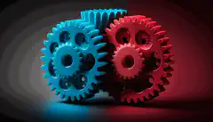 Une image de trois engrenages, colorés en rouge, bleu et bleu, imbriqués et tournant ensemble pour symboliser leur intégration et leur collaboration dans l'automatisation des processus de cybersécurité