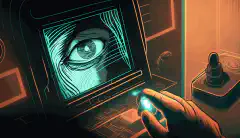 Illustration animée de la main d'une personne utilisant un lecteur d'empreintes digitales pour accéder à une zone sécurisée, le visage et l'iris de la personne étant également visibles en arrière-plan.