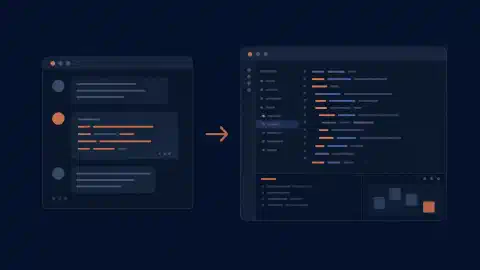 Conversation dans le terminal et espace de travail graphique de programmation reliés par une flèche de transfert de session sur fond sombre