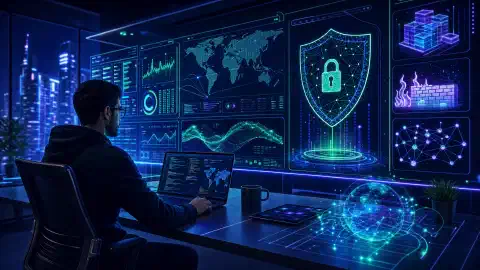 Un professionnel de la cybersécurité travaillant dans un bureau moderne, entouré d'affichages holographiques d'analyses de données et de cartes de menaces, avec des accents néon vibrants sur fond sombre.