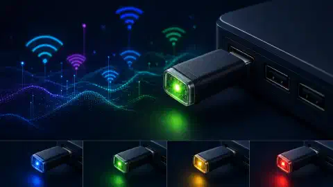 Une illustration d'un petit appareil ressemblant à l'ESP32 WiFi Canary, branché dans un port USB, avec une LED RGB qui brille en différentes couleurs sur fond sombre, symbolisant ses capacités de détection de menaces.