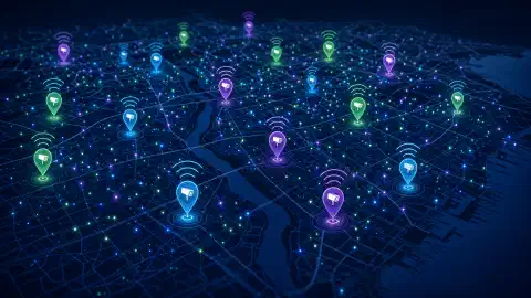 Une carte interactive affichant des marqueurs colorés indiquant les emplacements des caméras ALPR Flock Safety, avec des signaux WiFi abstraits émanant des marqueurs sur un fond sombre.