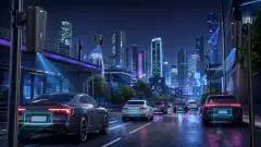 Une illustration d'une ville futuriste avec diverses caméras ALPR Flock Safety montées sur des poteaux et des bâtiments, capturant les véhicules qui passent. La scène présente un fond sombre avec des couleurs vives et vibrantes.