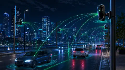 Une intersection sombre éclairée par une caméra de surveillance montée sur un poteau, avec des données de plaque d'immatriculation superposées sur les voitures qui passent.