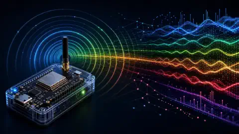 Une illustration montrant un appareil basé sur ESP32 au premier plan, scannant des signaux WiFi. Des vagues colorées représentent différentes intensités de signal sur fond sombre.