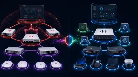 Une illustration montrant deux architectures de sécurité réseau. À gauche, les composants Fortinet comme les pare-feux FortiGate et FortiSwitch sont interconnectés. À droite, les solutions Cisco comme Secure Firewall et les commutateurs Catalyst sont représentés, le tout sur fond sombre.