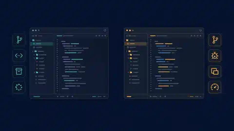 Éditeurs de code graphiques et panneaux d'extensions à côté d'outils de revue visuelle sur fond sombre