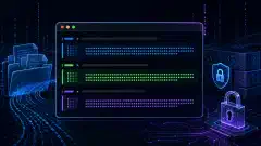 Une illustration d'un terminal Linux futuriste affichant les sorties des commandes de hachage, entouré de fichiers abstraits et de symboles numériques sur un fond sombre, avec des accents vibrants bleus, verts et violets.