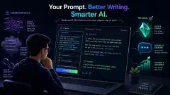 Une illustration d'une personne utilisant un ordinateur portable avec un outil d'écriture IA, entourée de représentations abstraites de pièges d'écriture complexes, le tout sur un fond sombre avec des couleurs vives.