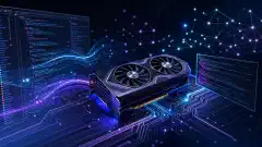 Illustration d'un environnement de codage IA local avec un GPU NVIDIA RTX 4060 Ti entouré de flux de données lumineux et d'extraits de code sur un fond sombre.
