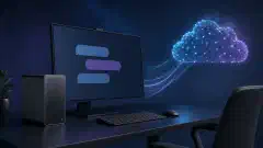 Une station de travail de bureau reliée par un chemin lumineux à un nuage abstrait de points réseau sur fond sombre