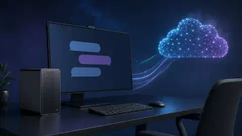 Un poste de travail d'IA locale relié à un service cloud par des chemins de données visibles