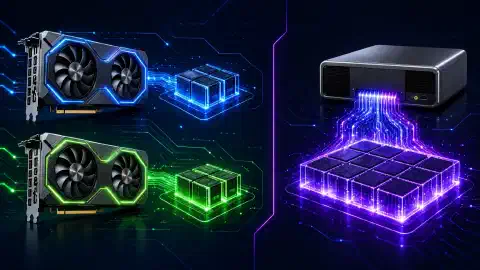 Illustration montrant deux cartes graphiques NVIDIA RTX 5060 Ti à gauche et un système NVIDIA GB10 à droite, mis en évidence sur un fond sombre aux couleurs vives.