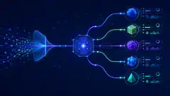 Illustration numérique abstraite de nœuds interconnectés représentant des services d'inférence IA, avec des lignes lumineuses indiquant le flux de données sur un fond sombre.
