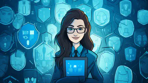 Image de style bande dessinée d'une personne entourée de boucliers de protection, représentant la protection de la vie privée et des données en ligne.