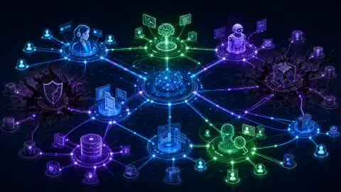 Une illustration de systèmes IA interconnectés représentés comme des nœuds lumineux sur fond sombre, avec des lignes de connexion vives et des ombres autour de certains nœuds indiquant des vulnérabilités de sécurité.