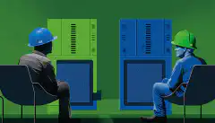 Deux serveurs se font face, l'un bleu, l'autre vert. Du côté bleu, une personne est debout et porte un casque et un gilet de sécurité. Du côté vert, une personne est assise sur le canapé.