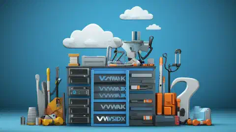 Une tour de serveur informatique, un nuage et une boîte à outils symbolisant les choix VMware ESXi, Citrix XenServer et Hyper-V.