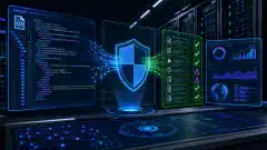 Une illustration d'une salle de serveurs futuriste avec des écrans lumineux affichant des structures de fichiers XML et BIN liées à Windows Defender Application Control. Le fond sombre met en valeur les couleurs vives.
